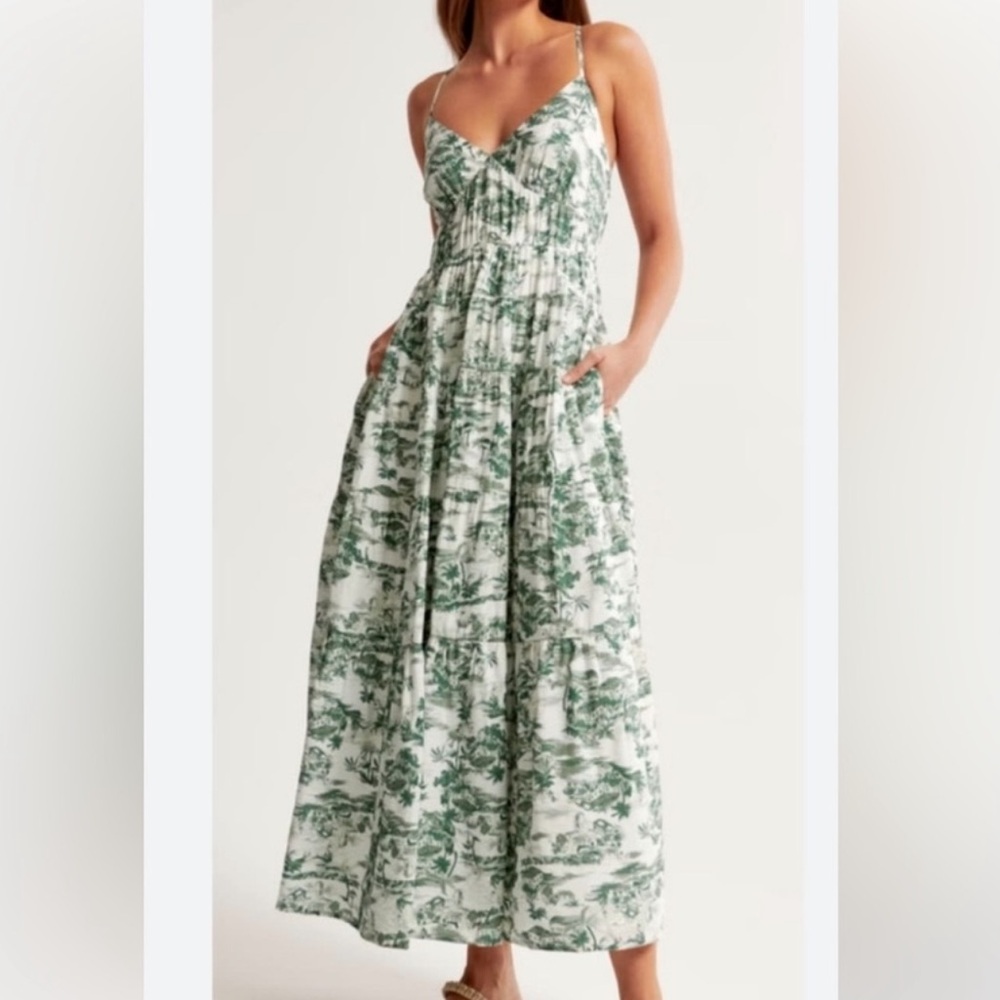 Abercrombie French Toile Green & White Spaghetti Strap Maxi Dress - Picture 8 of 9